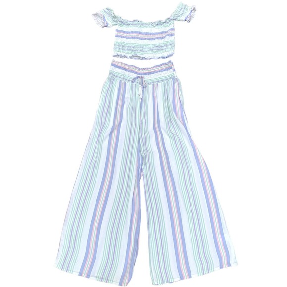 Kiwi and Punch Pants - Kiwi & Punch Two Piece Set Pant Set Crop Top Stripe White Purple Green NEW Large